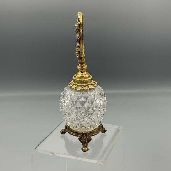 Vtg Ornate Matson Footed Perfume Bottle Dogwood Diamond Point Cut Glass Ormolu - Picture 11 of 17
